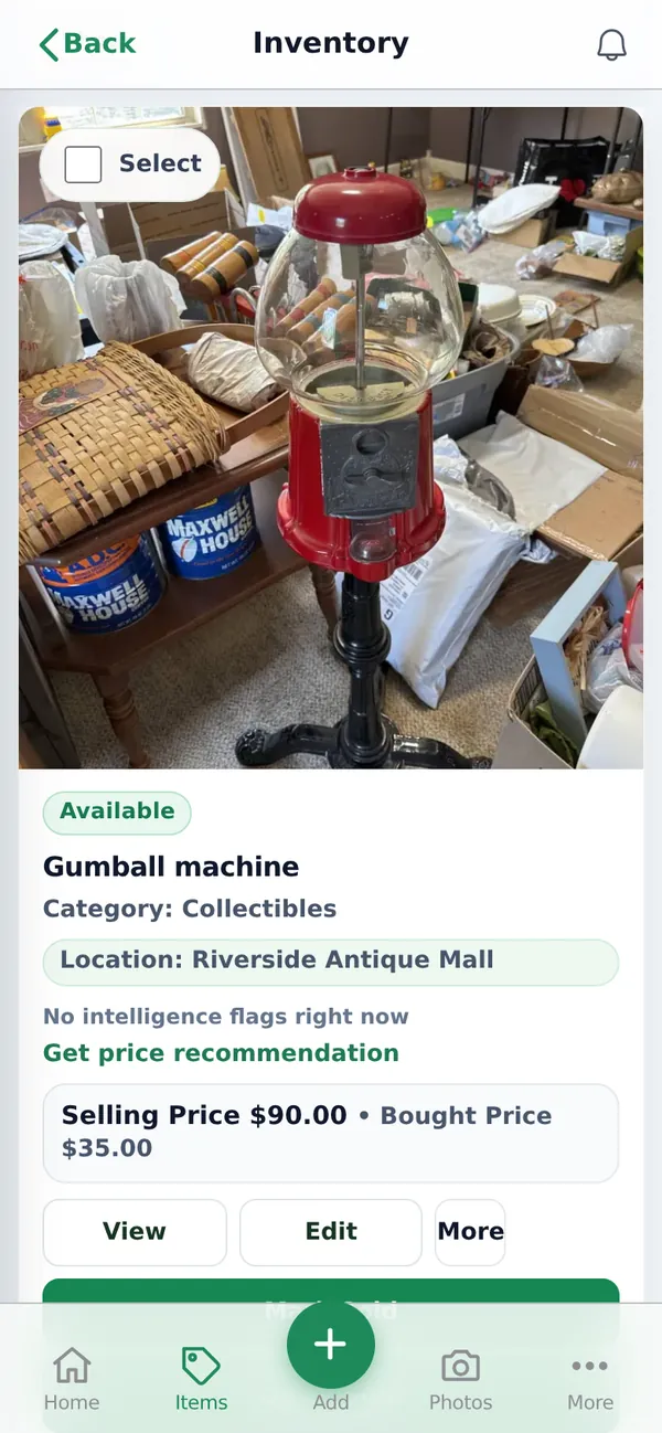 Items screen: a gumball machine listed at $90