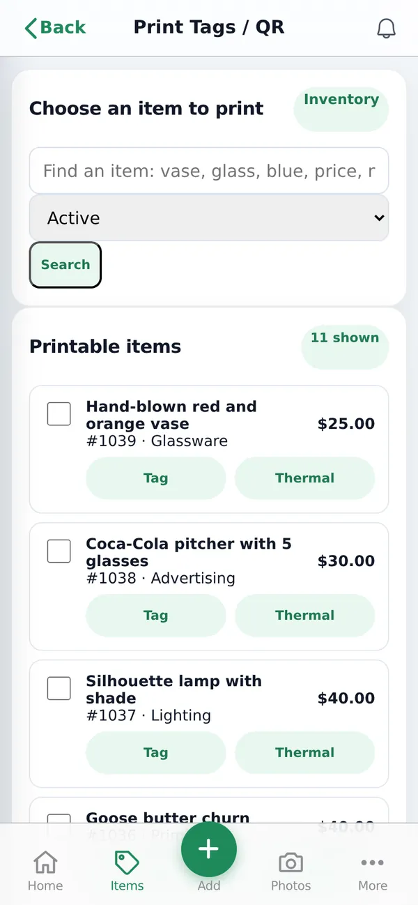 Print Tags screen on a phone: items with Tag and Thermal buttons