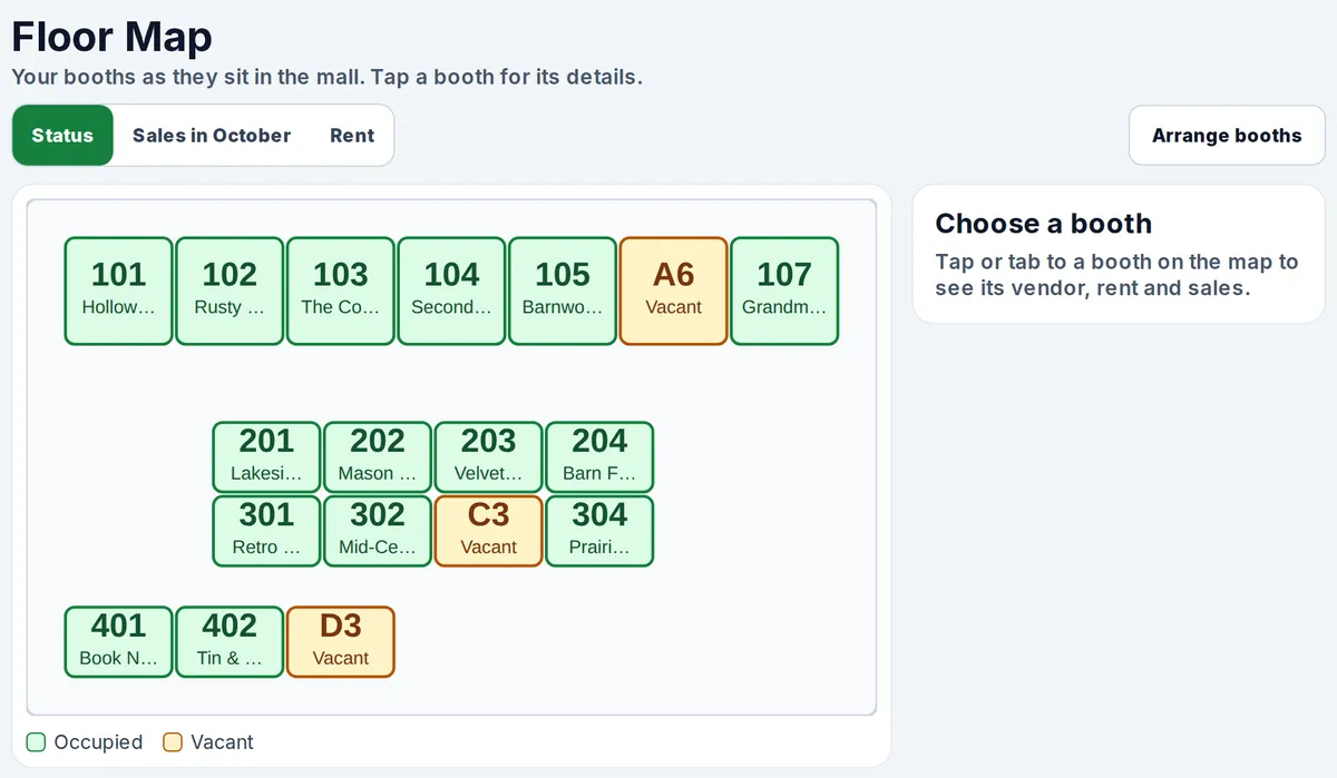 BoothNest floor map: 18 booths laid out as on the sales floor, with vacant booths marked
