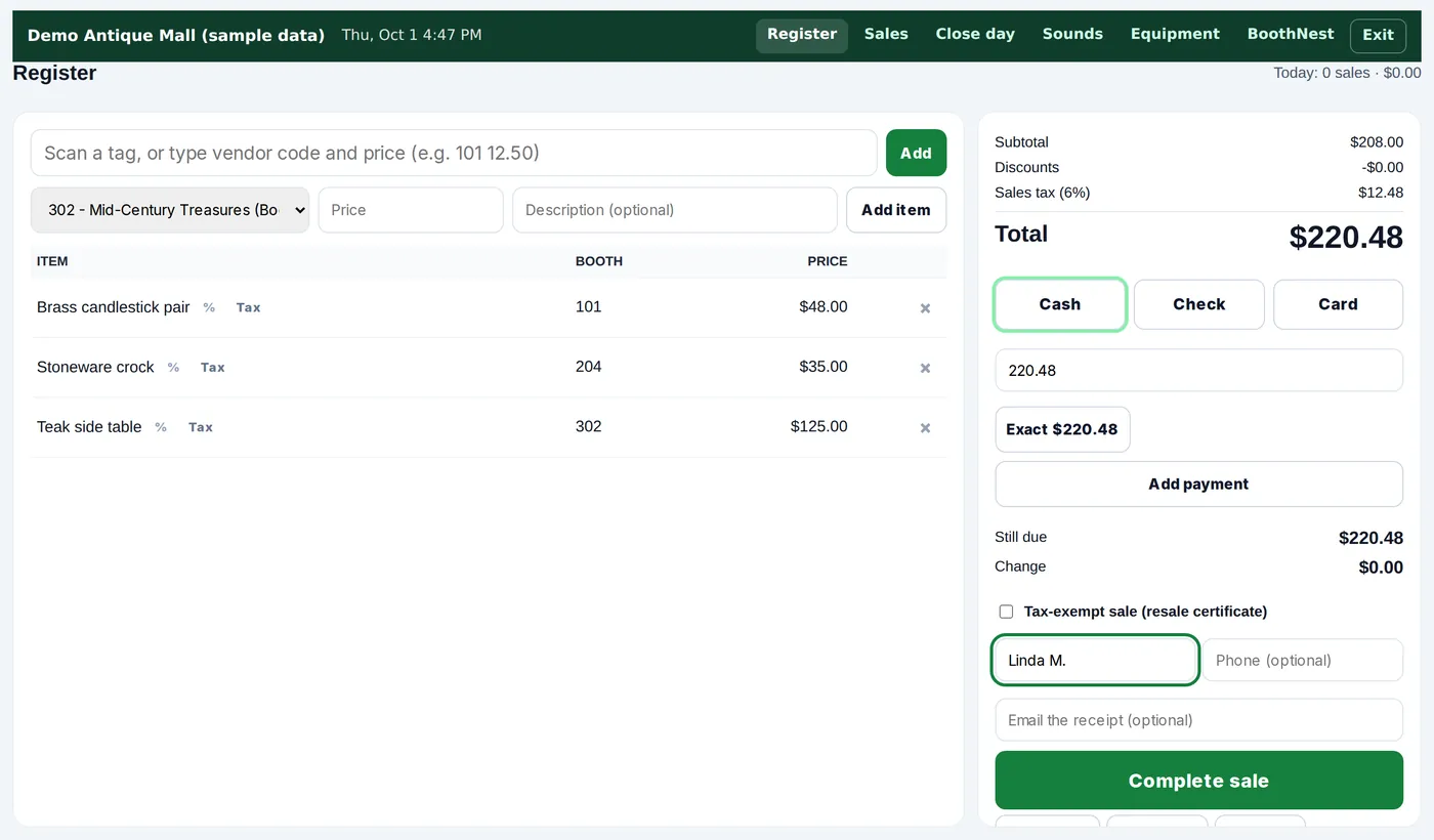 BoothNest register with a sale in progress: three items from booths 101, 204 and 302, 6% tax, total $220.48