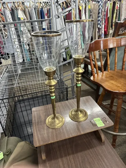 Pair of brass hurricane candle holders