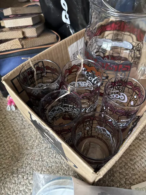 Coca-Cola pitcher with 5 glasses