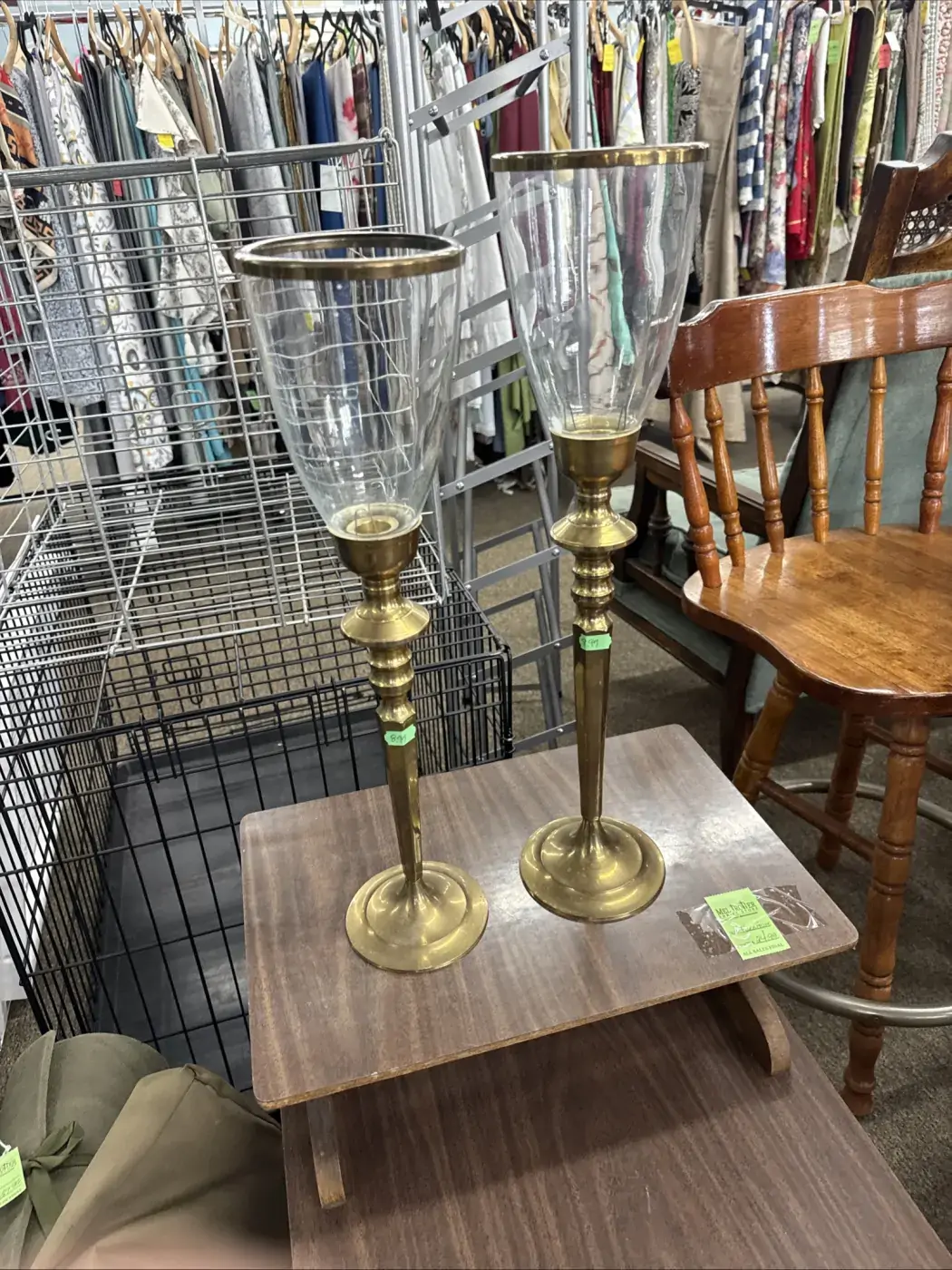 Pair of brass hurricane candle holders